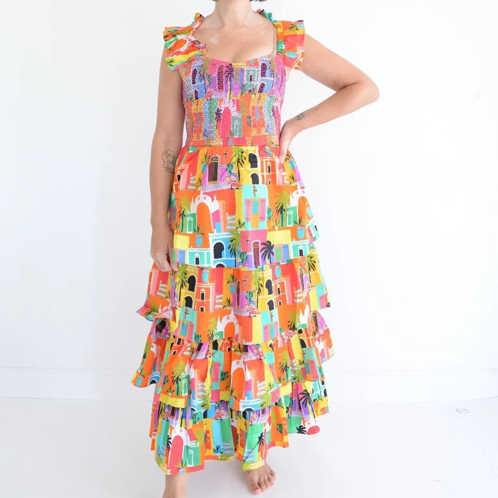 Alden Adair Mia Casablanca Red Orange Tropical Holiday Maxi Dress S NTW
